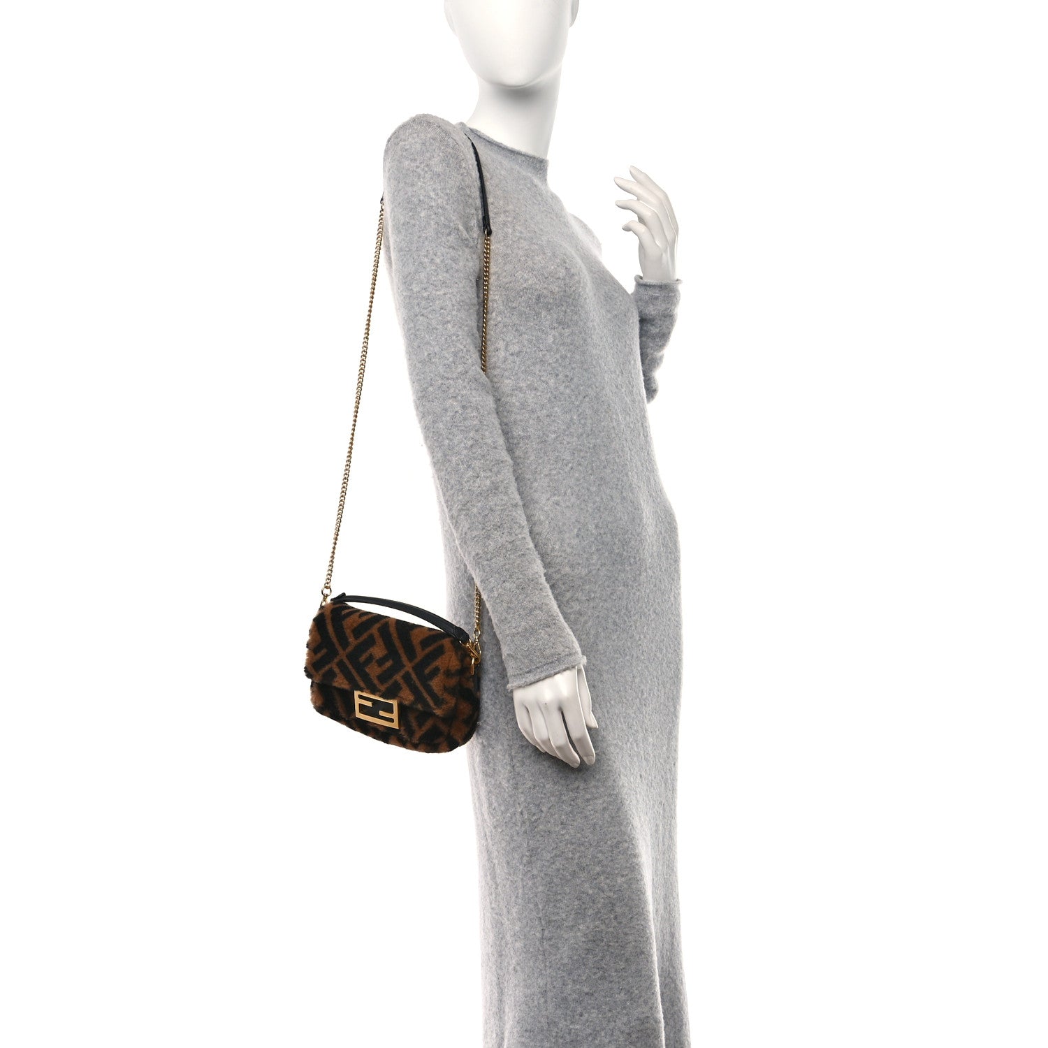 Fendi Shearling Vitello Dolce Macro FF 1974 Mini Baguette Tobacco Black 2 of 11