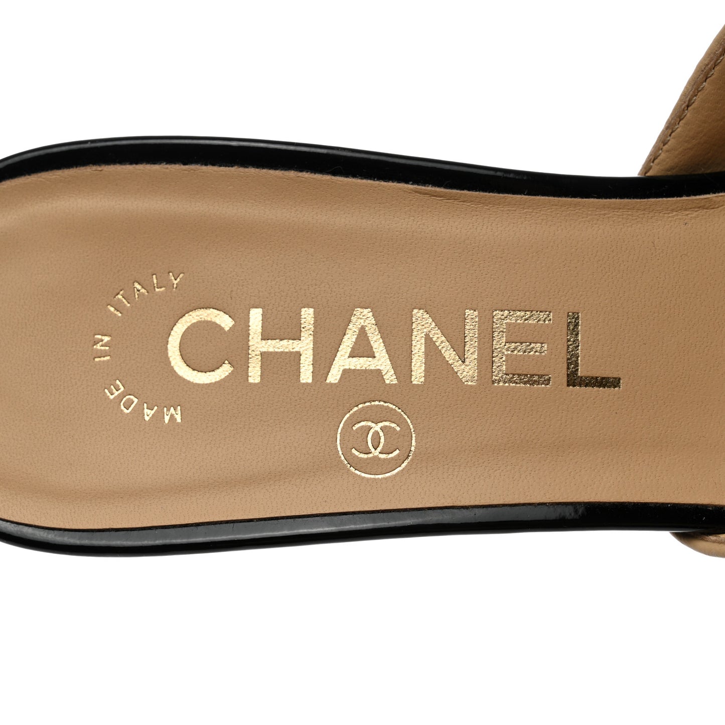 Lambskin Patent Cap Toe Chain Mule 37.5 Beige Black