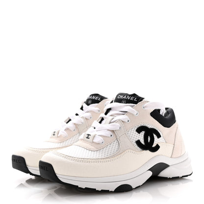 Chanel Mesh Suede Calfskin Grained Calfskin Womens CC Sneakers 35 White Black 4 of 9