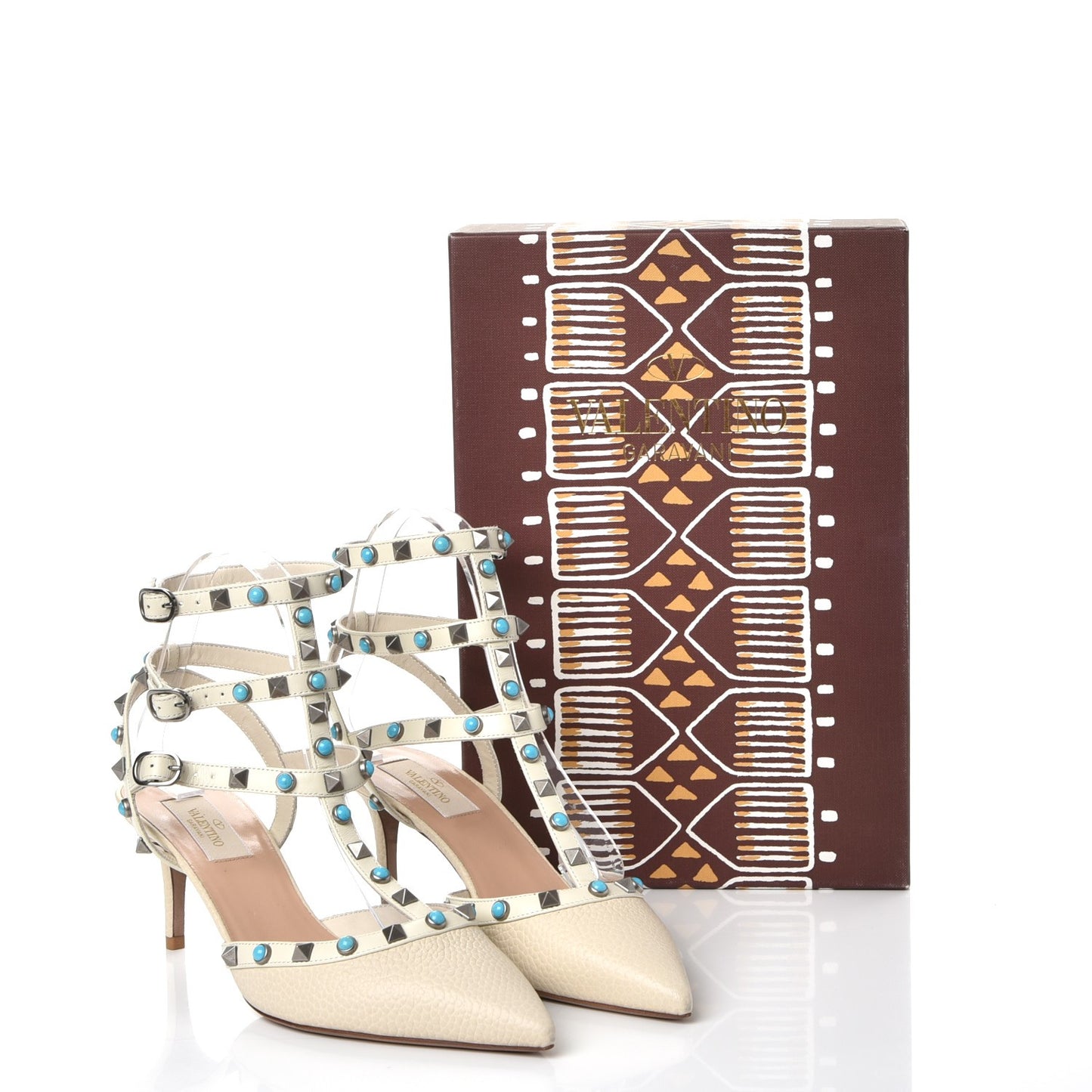 Pebbled Calfskin Turquoise Rockstud Rolling Ankle Strap 65mm Pumps 39 Ivory