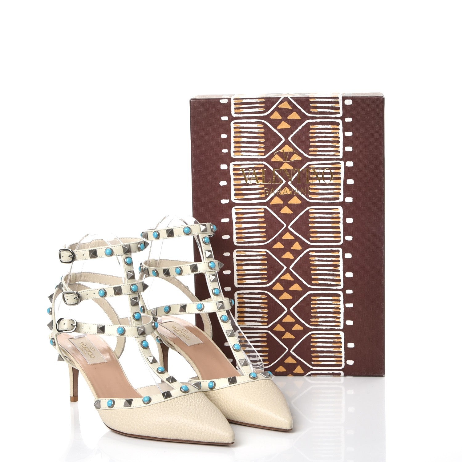Valentino Garavani Pebbled Calfskin Turquoise Rockstud Rolling Ankle Strap 65mm Pumps 39 Ivory 9 of 9