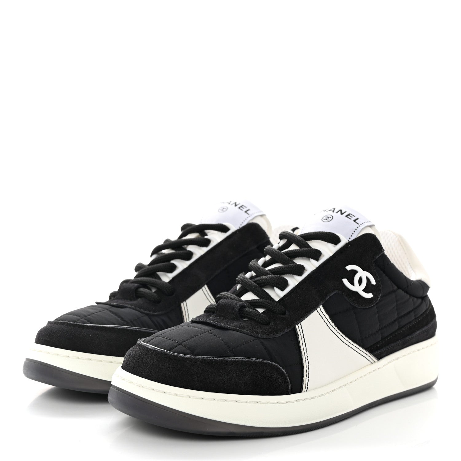 Chanel Suede Fabric Calfskin Womens CC Sneakers 36 Black White 3 of 10