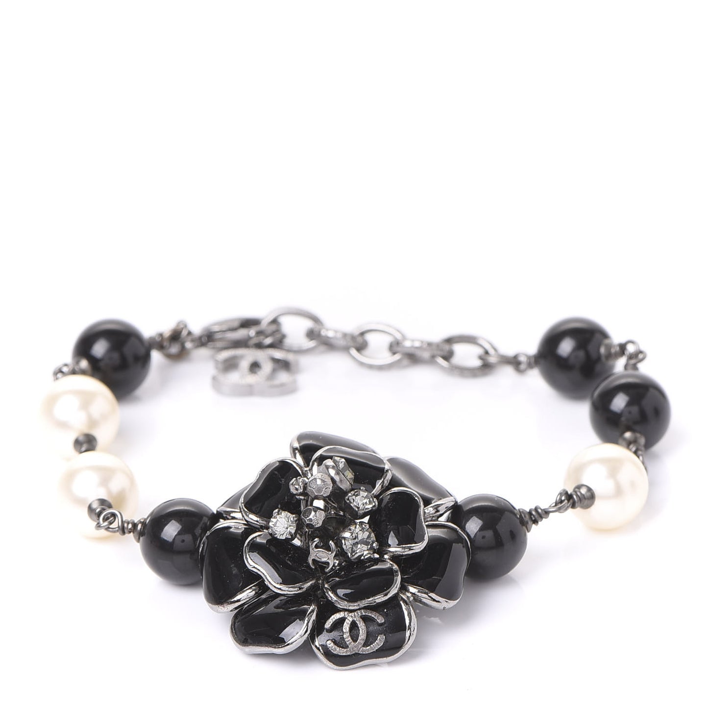 Enamel Camellia Crystal Pearl Beaded CC Bracelet Silver Black