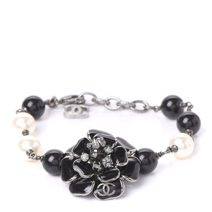 Chanel Enamel Camellia Crystal Pearl Beaded CC Bracelet Silver Black 1 of 6