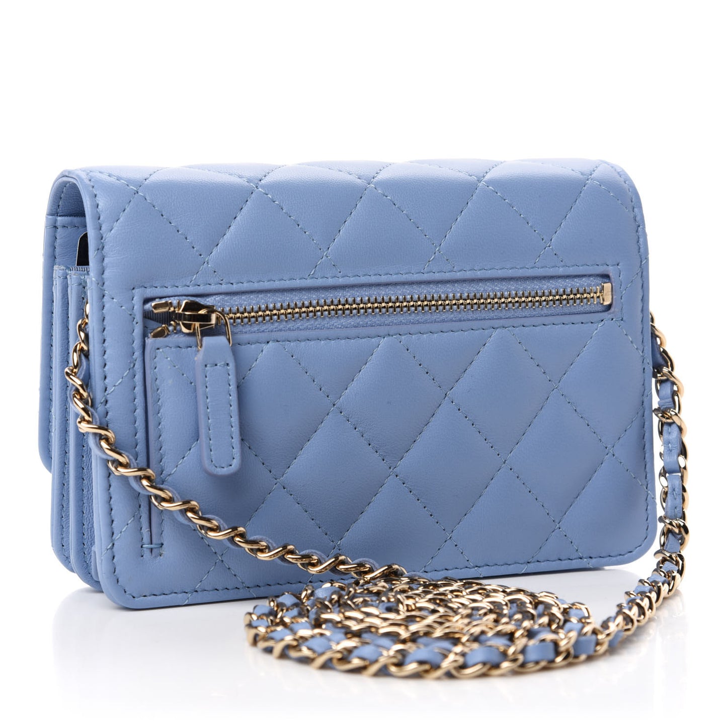 Lambskin Quilted Mini Wallet On Chain WOC Light Blue