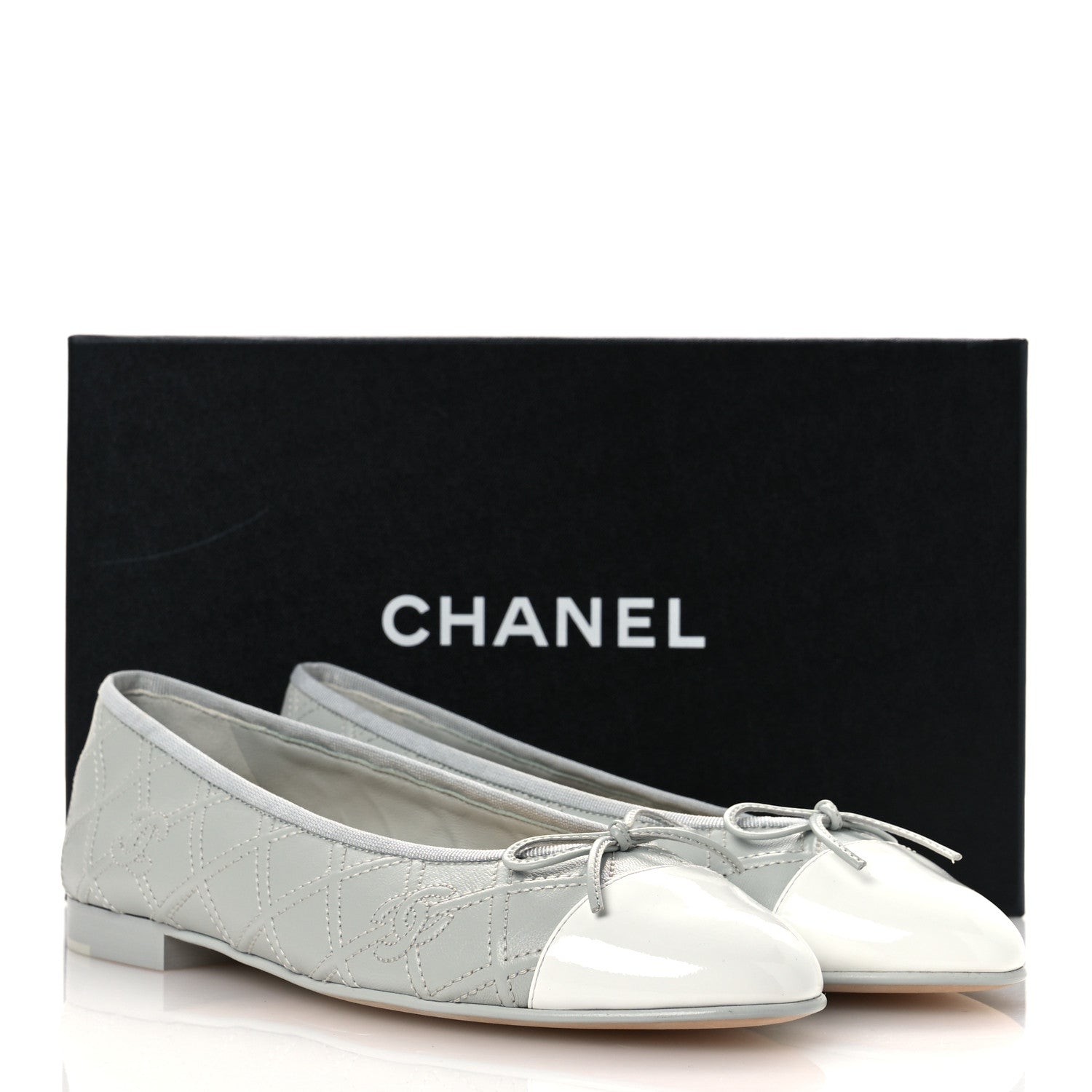 Chanel Lambskin Patent Double Stitched CC Cap Toe Ballerina Flats 40.5 Light Blue White 13 of 13