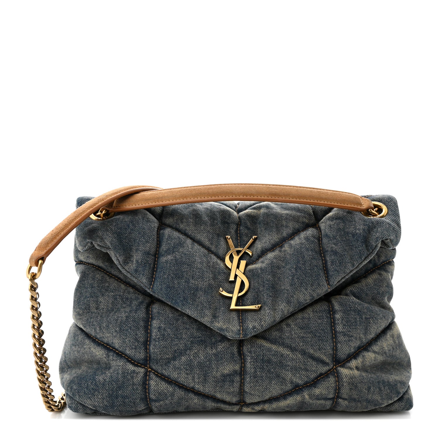 Saint Laurent Denim Quilted Small Loulou Puffer Monogram Chain Satchel Blue Cinnamon 1 of 12