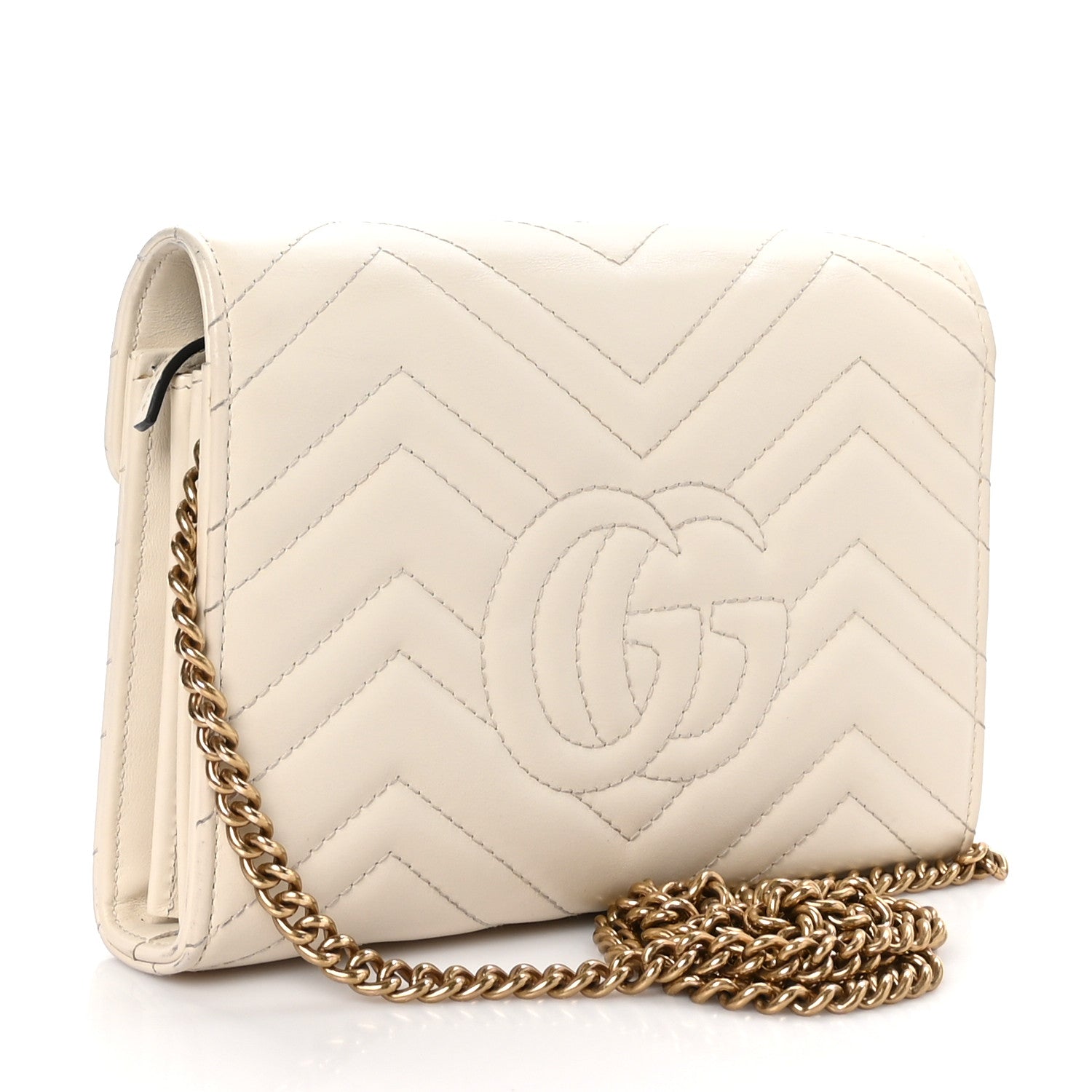 Gucci Calfskin Matelasse GG Marmont Chain Wallet Mystic White 2 of 12