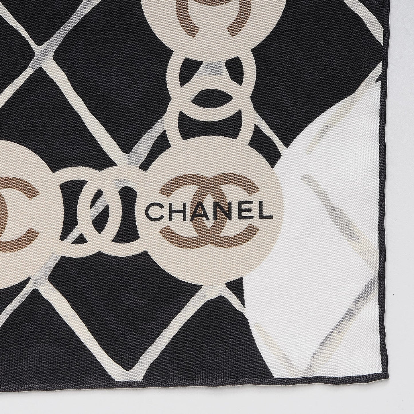 Silk CC Logo Camellia Scarf White Black