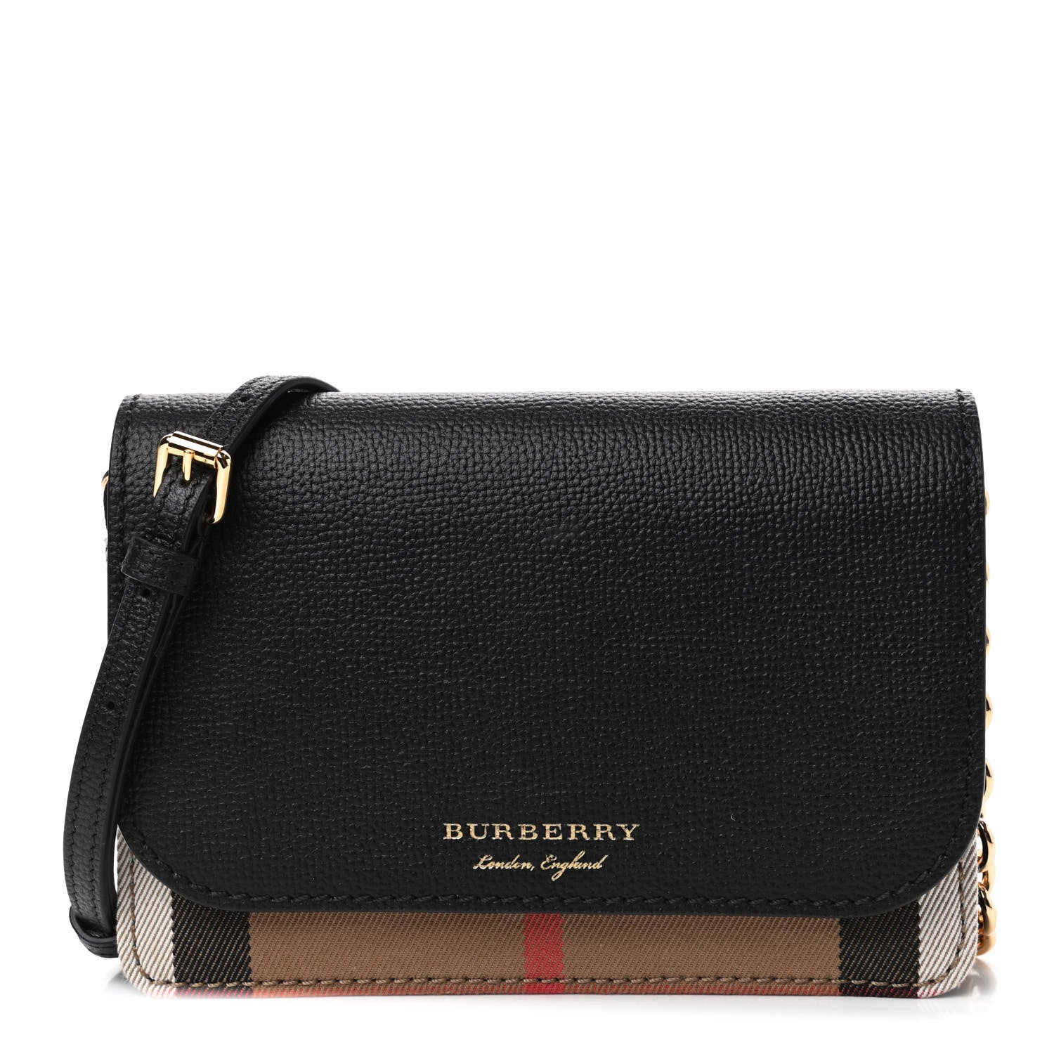 Burberry Derby Calfskin House Check Wallet On Chain Black 1 of 4