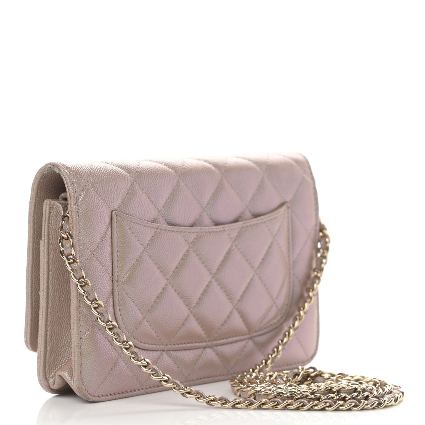 Iridescent Caviar Quilted Wallet On Chain WOC Beige
