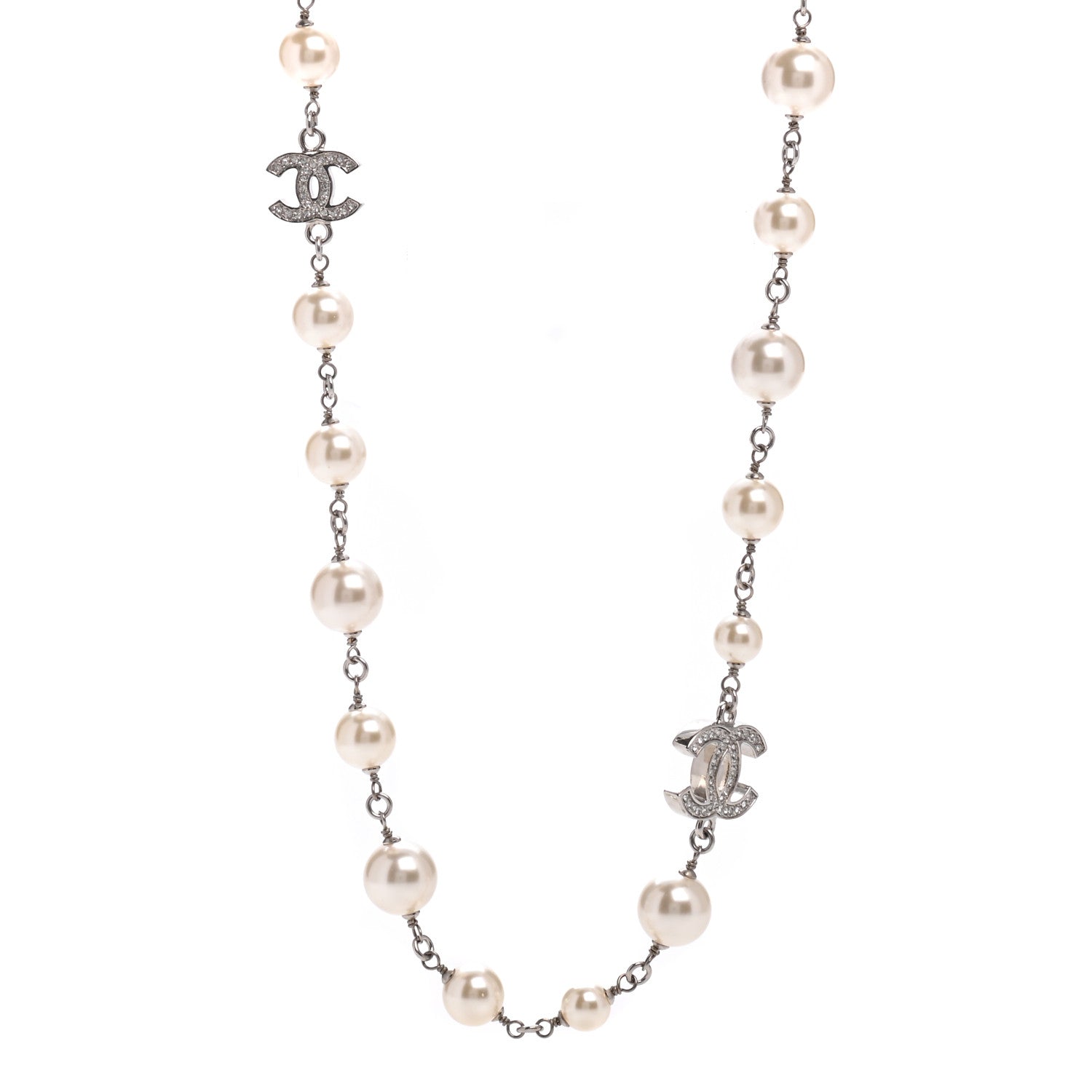 Chanel Crystal Pearl CC Long Necklace Silver 1 of 5