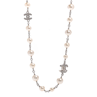 Chanel Crystal Pearl CC Long Necklace Silver 1 of 5