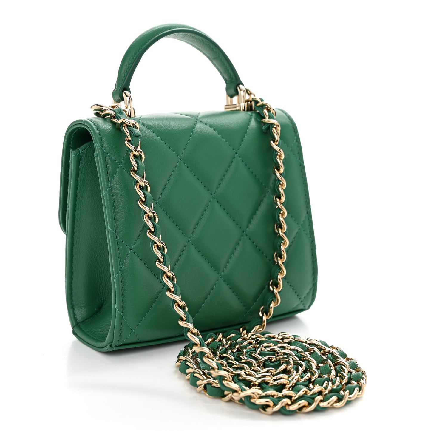 Lambskin Quilted Top Handle Flap Clutch With Chain Green