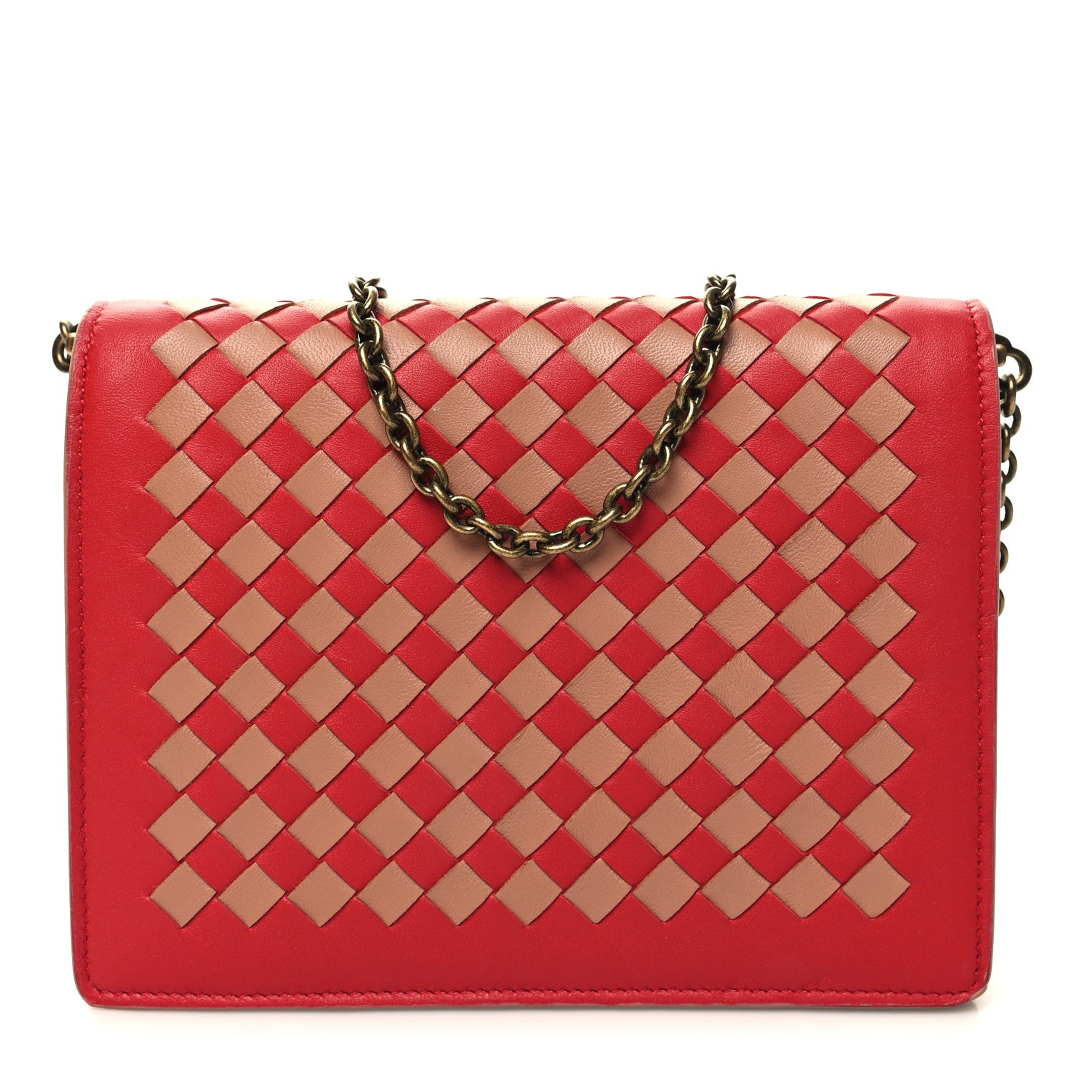 Bottega Veneta Nappa Intrecciato Checker Chain Wallet Beige Red 1 of 11
