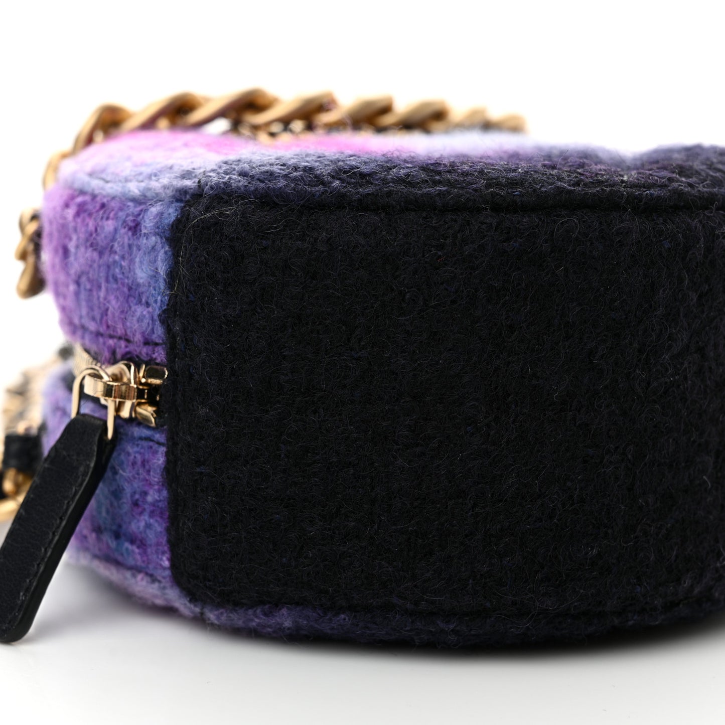 Wool Tweed Chanel 19 Round Clutch With Chain Purple Black Blue