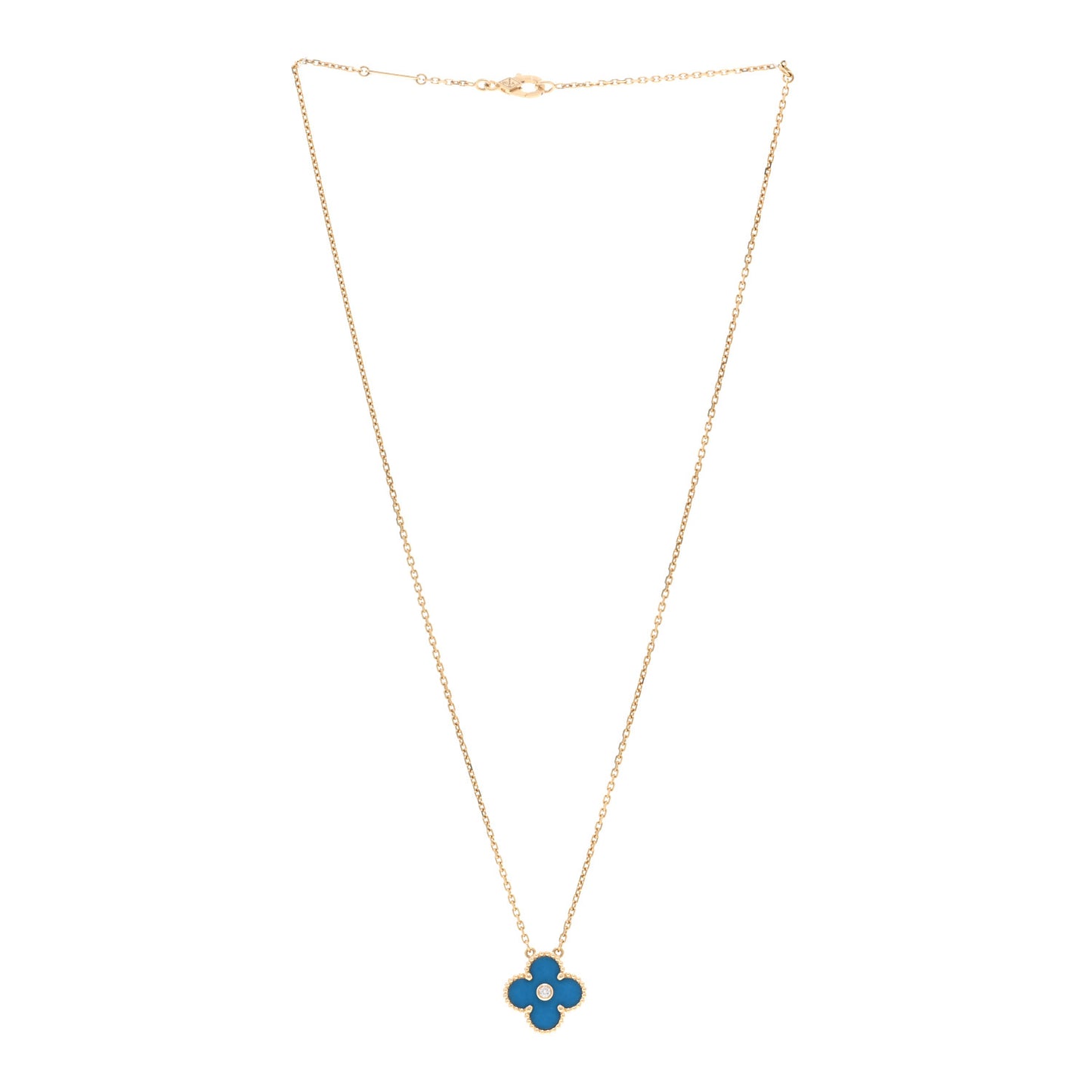18K Yellow Gold Diamond Celestial Blue Sevres Porcelain Vintage Alhambra Pendant Necklace
