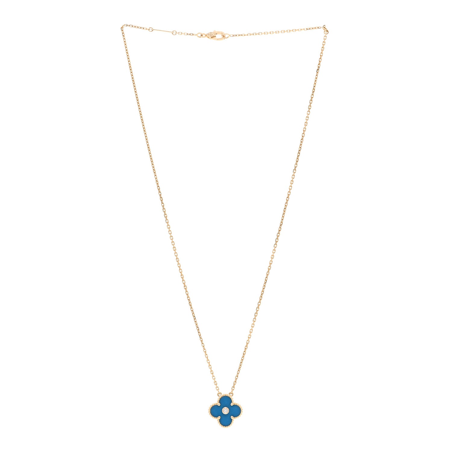 Van Cleef & Arpels 18K Yellow Gold Diamond Celestial Blue Sevres Porcelain Vintage Alhambra Pendant Necklace 3 of 6