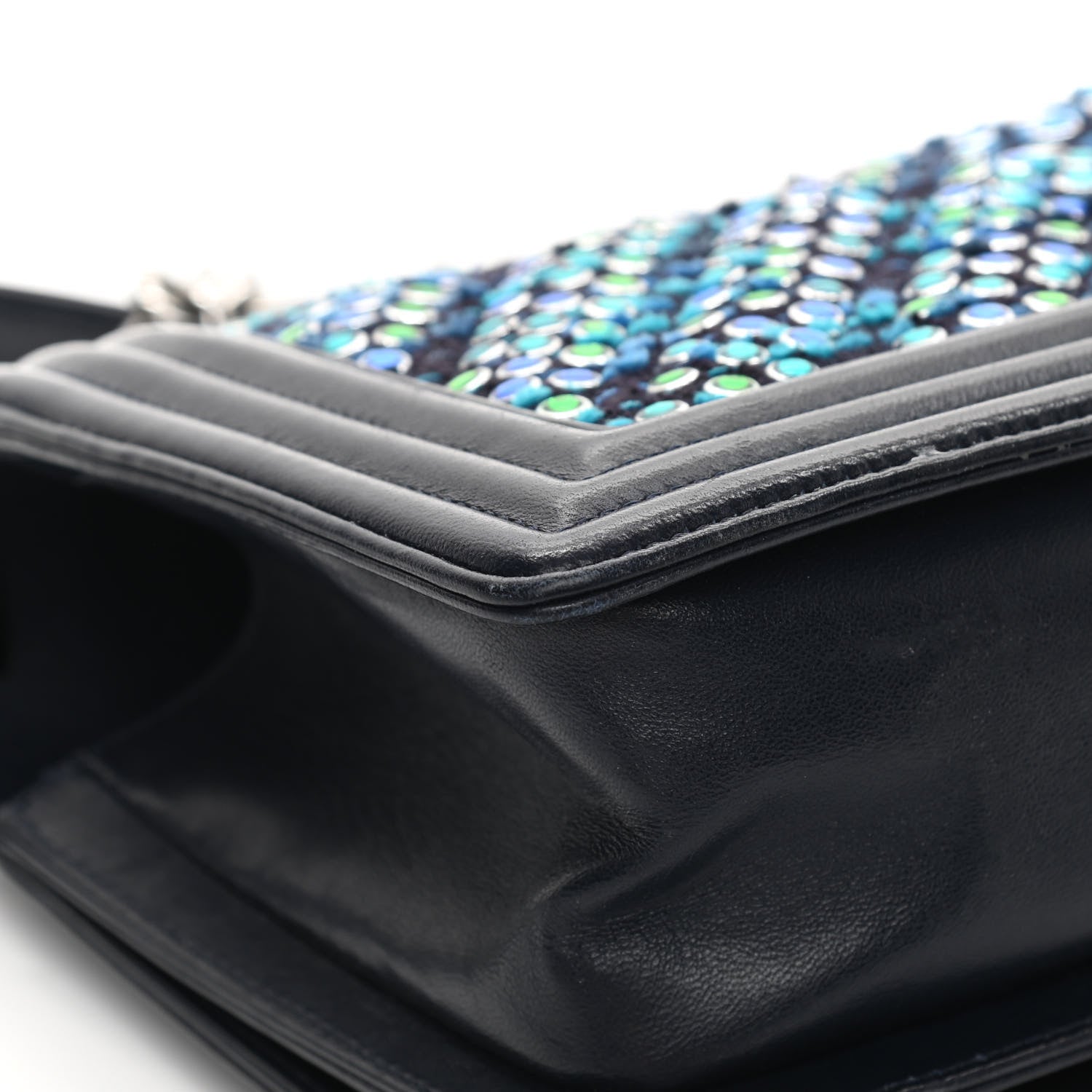 Chanel Tweed Crystal Calfskin Chevron Medium Boy Flap Blue 12 of 18