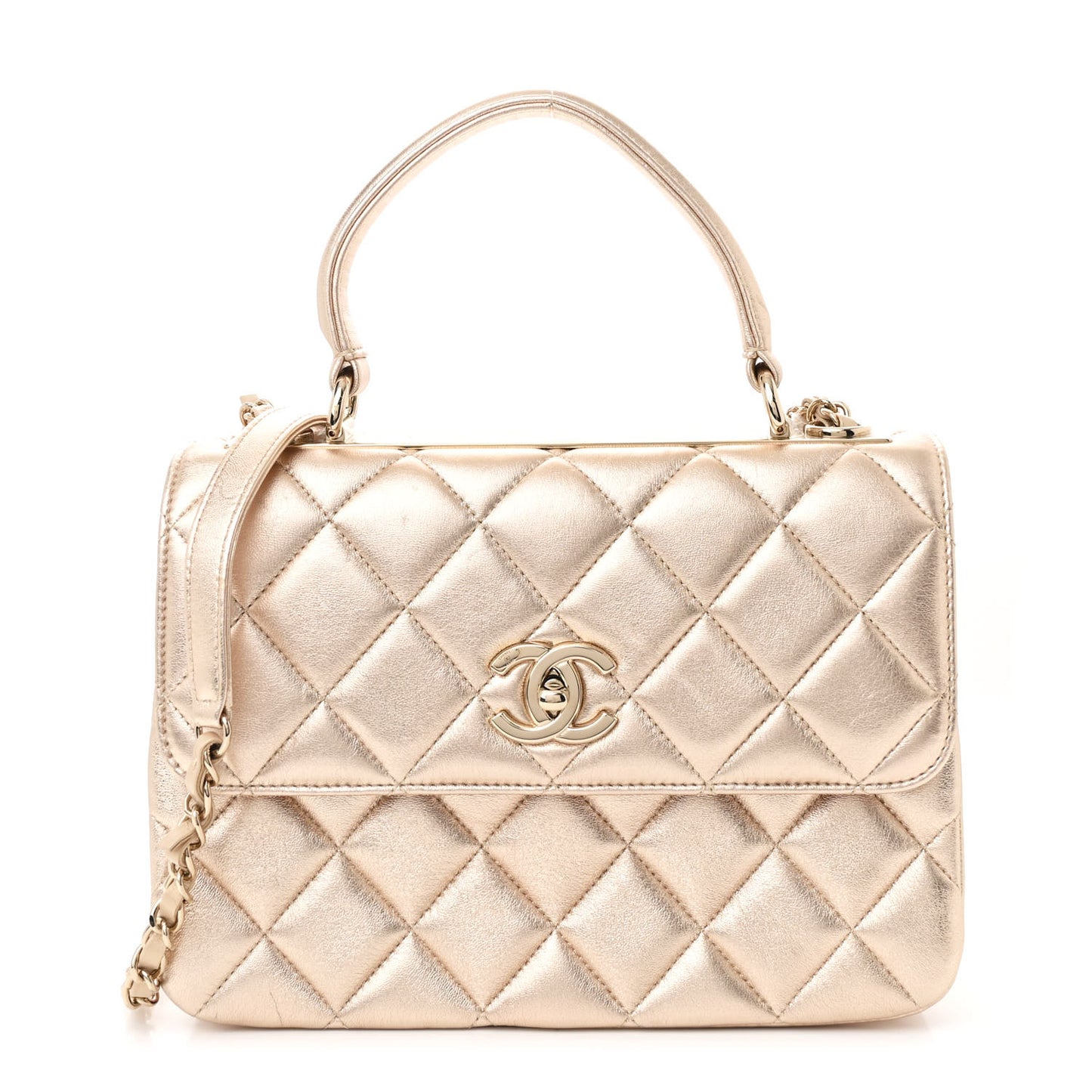 Metallic Lambskin Quilted Small Trendy CC Flap Dual Handle Bag Gold