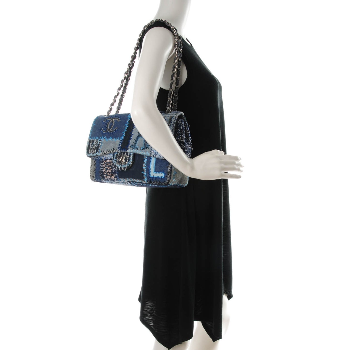 Denim Tweed Patchwork Jumbo Single Flap Blue
