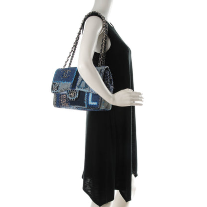 Chanel Denim Tweed Patchwork Jumbo Single Flap Blue 2 of 11