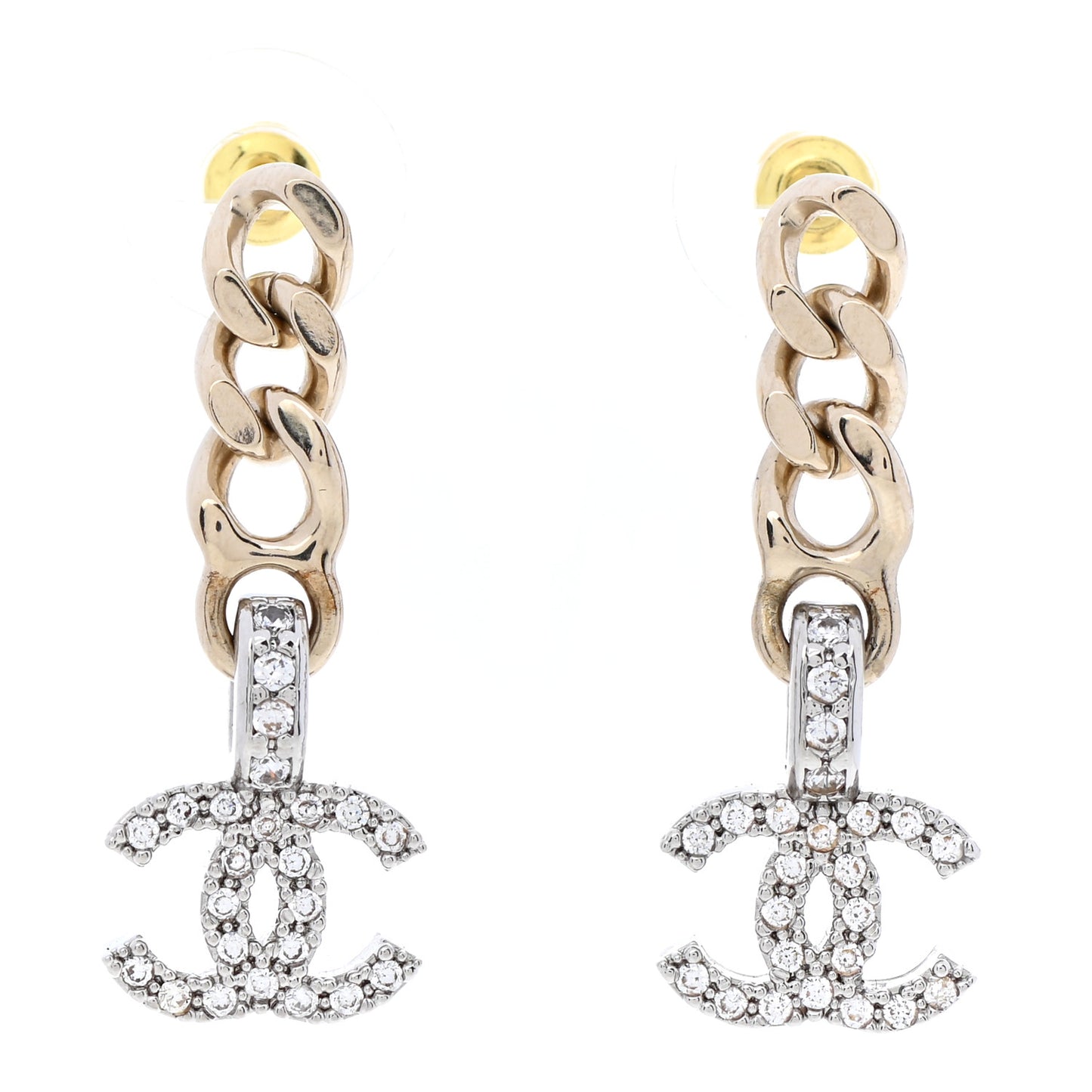 Metal Crystal CC Chain Drop Earrings Gold