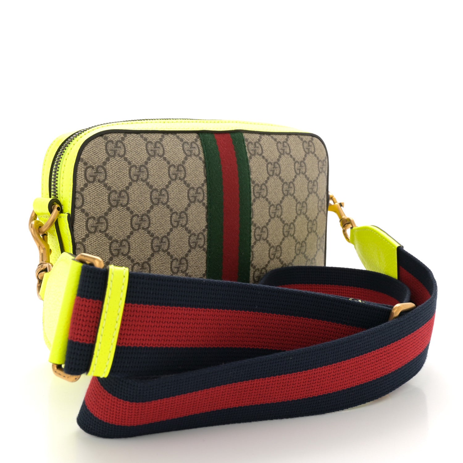 Gucci GG Supreme Monogram Textured Dollar Calfskin Web Ophidia Wristlet Shoulder Bag Beige Ebony Fluo Yellow 3 of 10