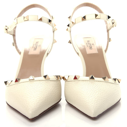 Valentino Garavani Pebbled Calfskin Rockstud Ankle Strap Pumps 39.5 Ivory 2 of 11