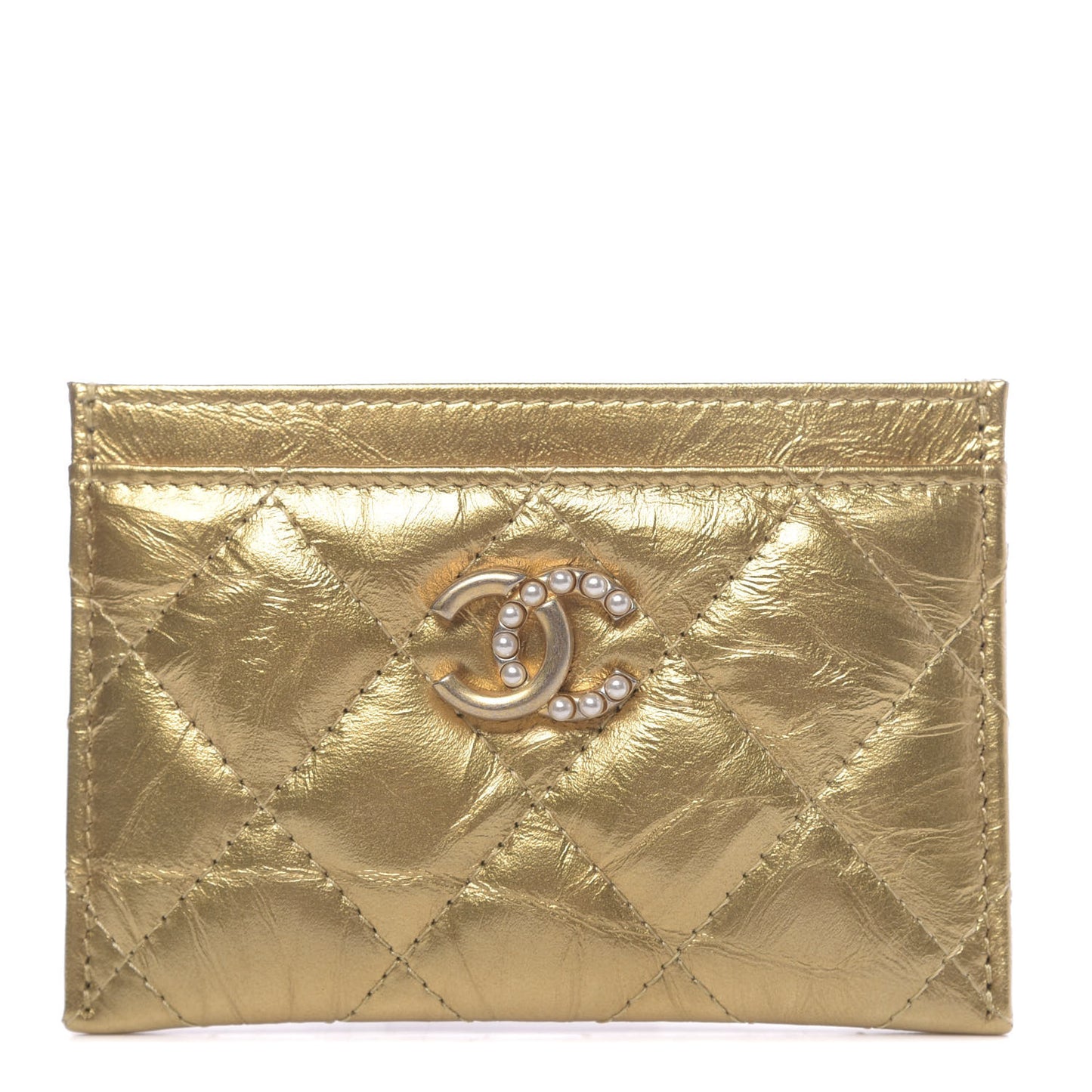 Metallic Aged Calfskin Quilted Card Holder Gold