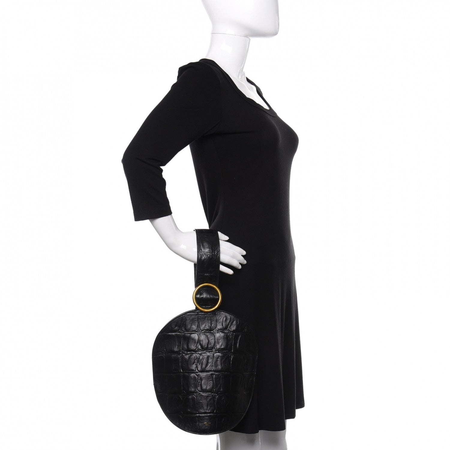 Celine Calfskin Crocodile Embossed Curved Clutch Black 2 of 8