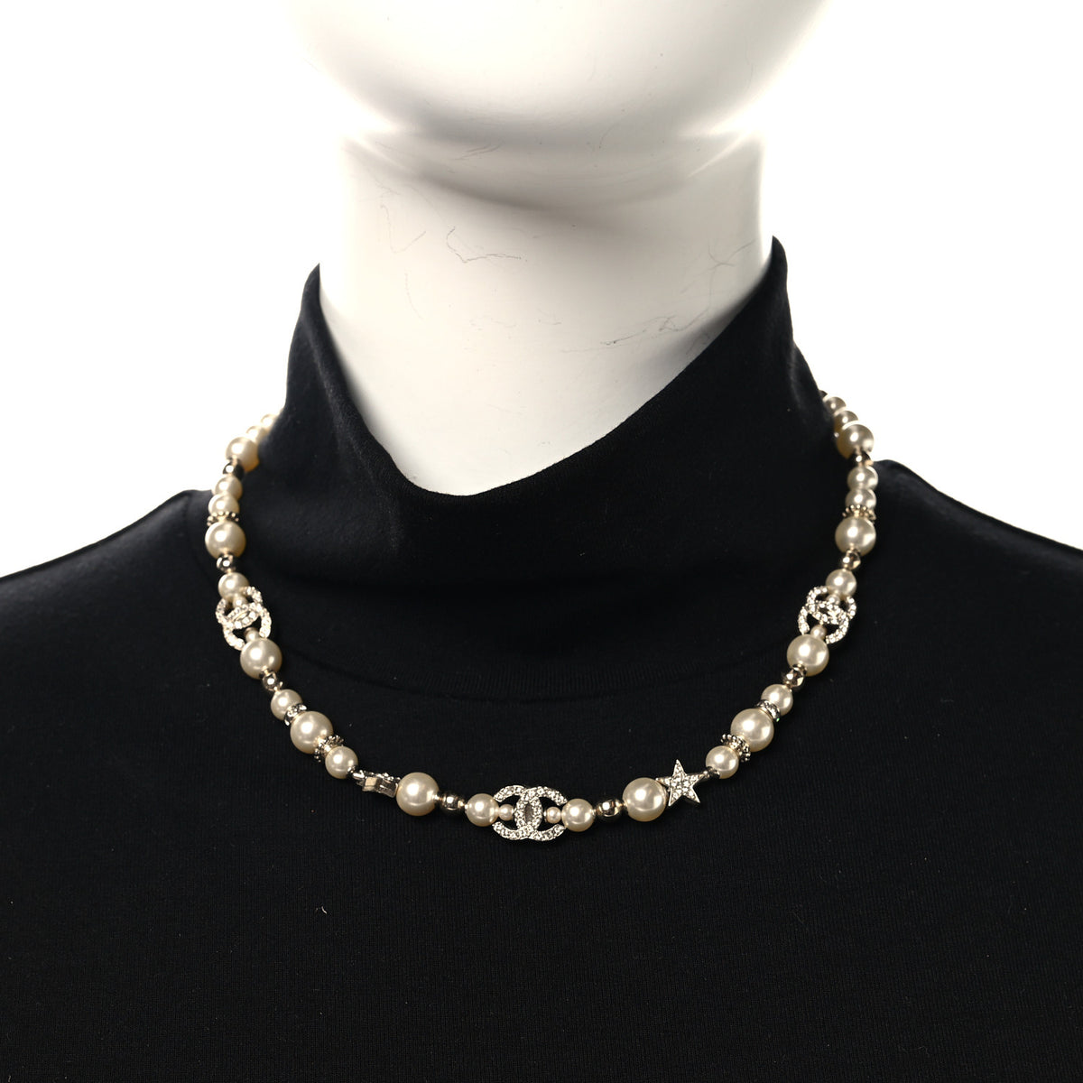 Chanel Metal Crystal Pearl CC Star Short Necklace Gold 2 of 5