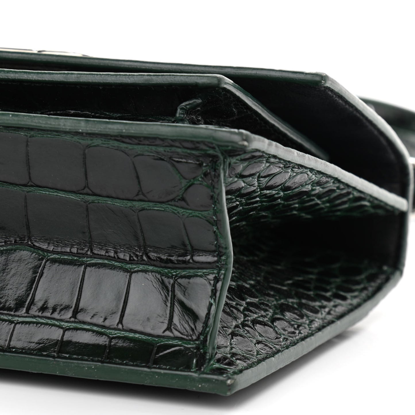 Shiny Calfskin Crocodile Embossed XS Sharp Top Handle Bag Forest Green