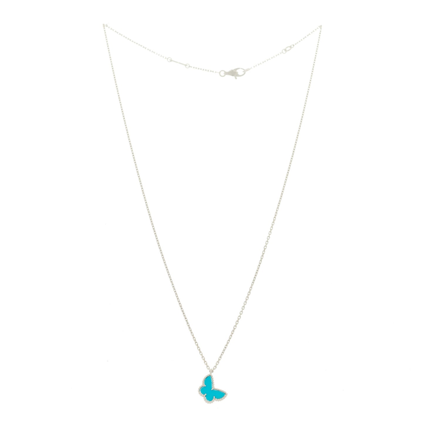 18K White Gold Turquoise Sweet Alhambra Butterfly Pendant Necklace