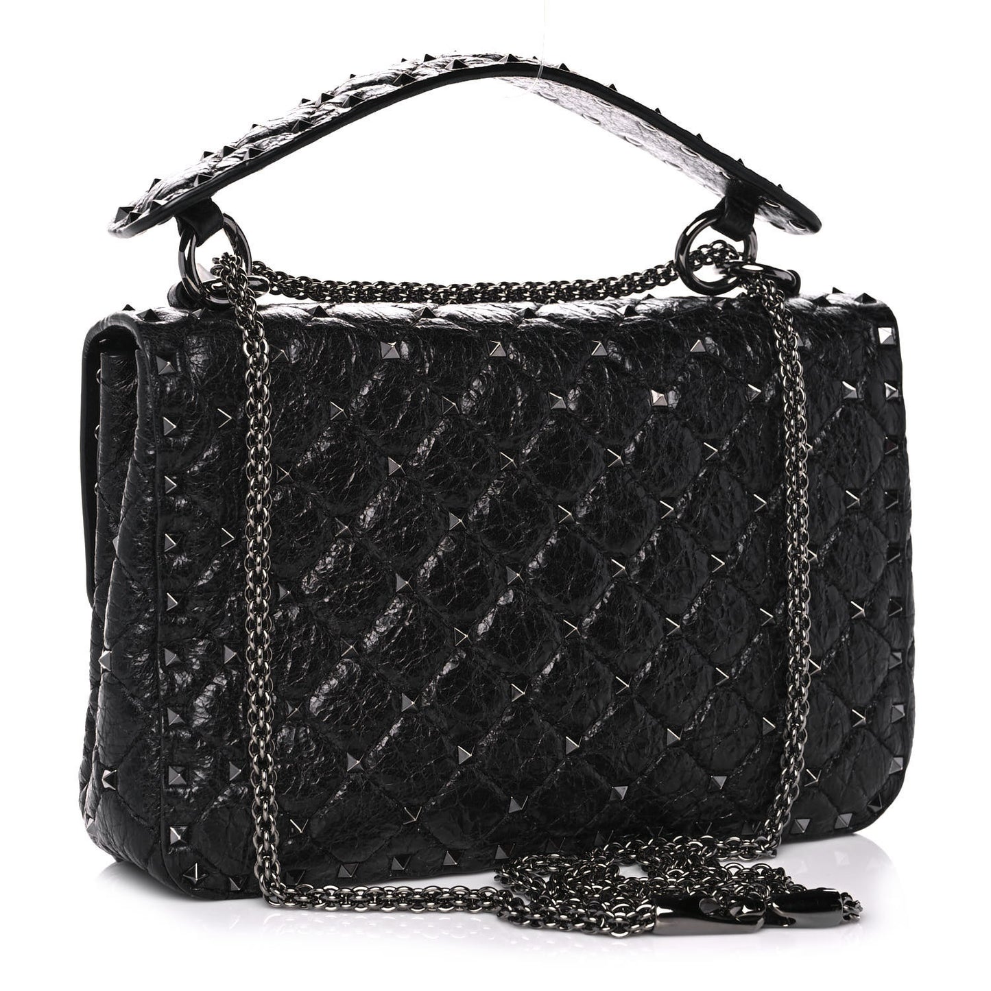 Craquele Nappa Large Rockstud Spike Shoulder Bag Black