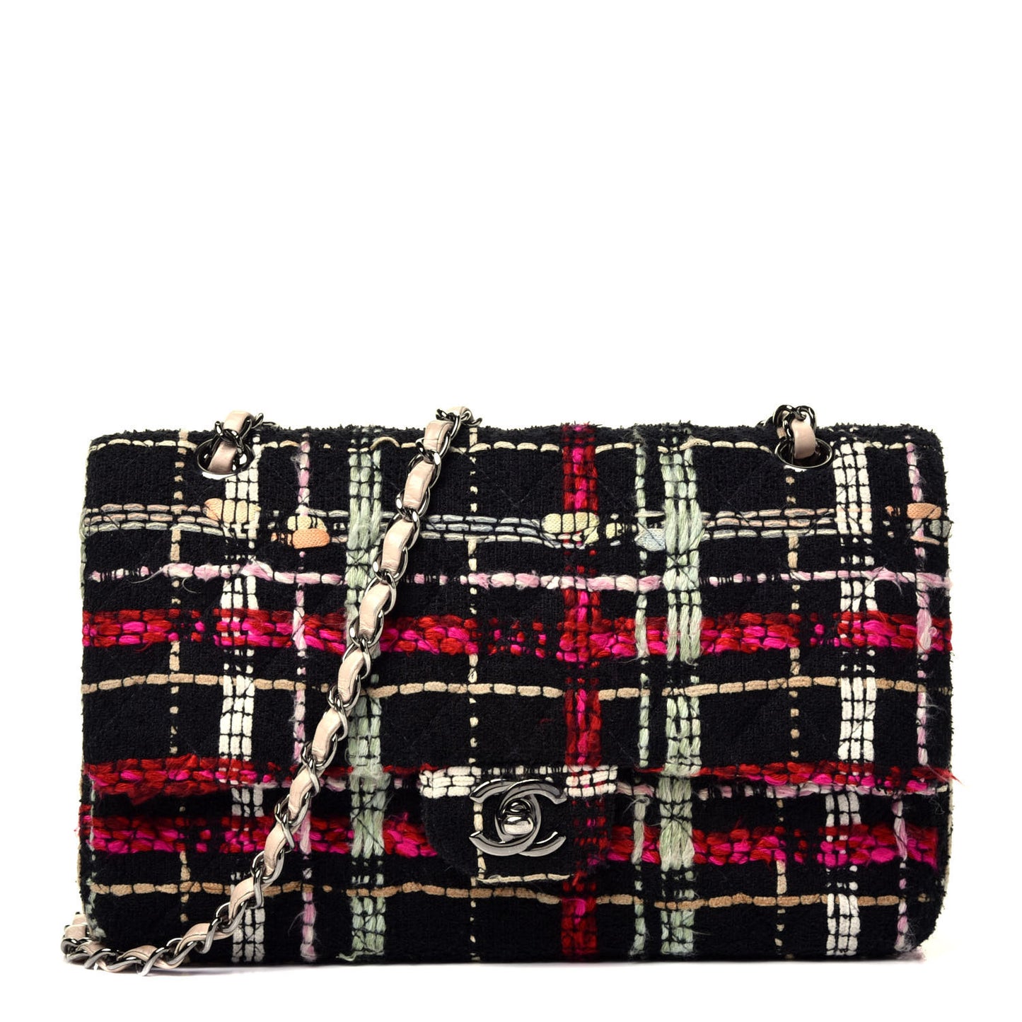 Tweed Medium Double Flap Black Pink
