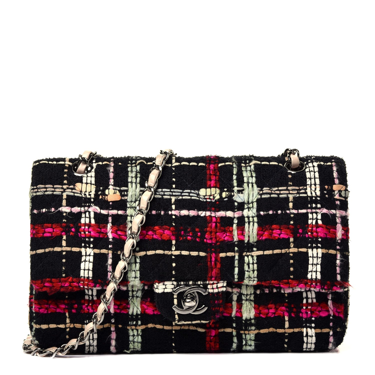 Chanel Tweed Medium Double Flap Black Pink 1 of 9