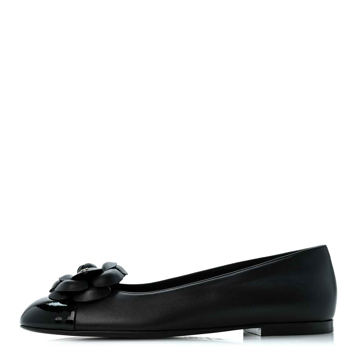 Lambskin Patent Cap Toe Camellia Ballerina Flats 38.5 Black