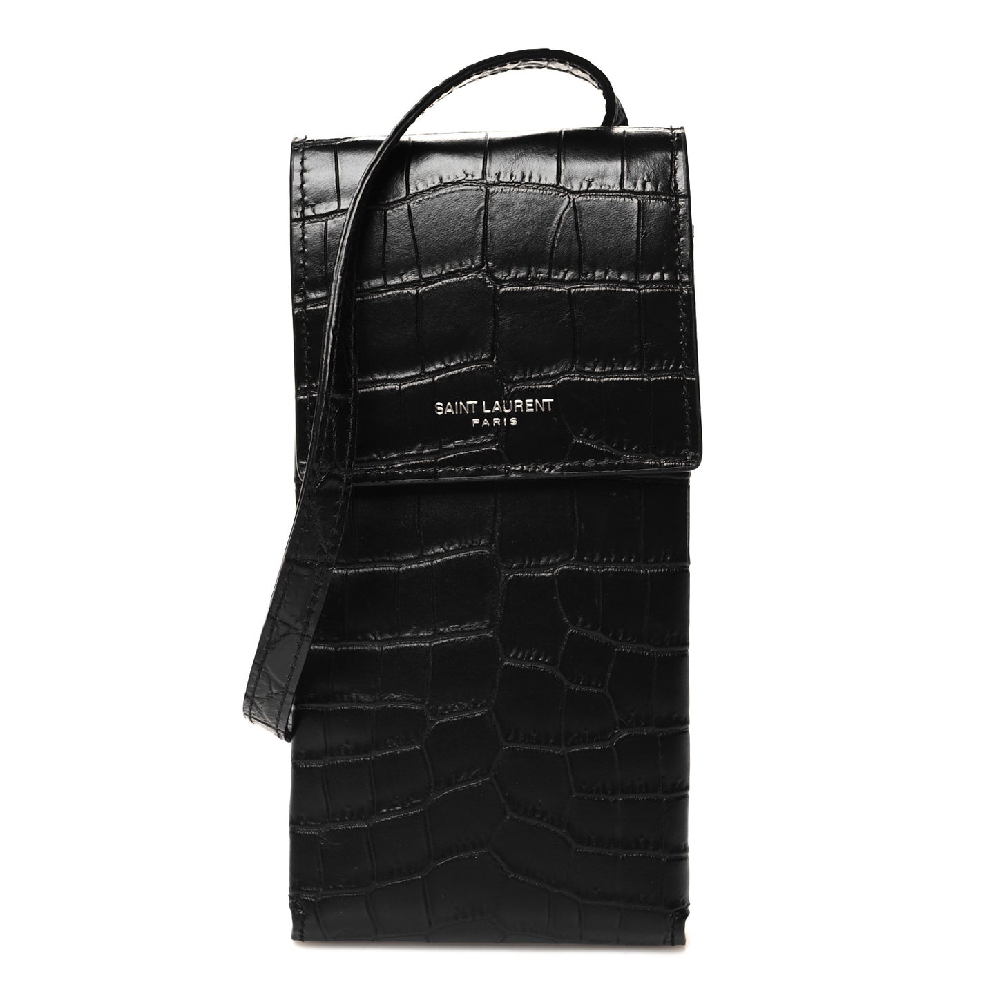 Calfskin Crocodile Embossed Phone Holder Crossbody Black