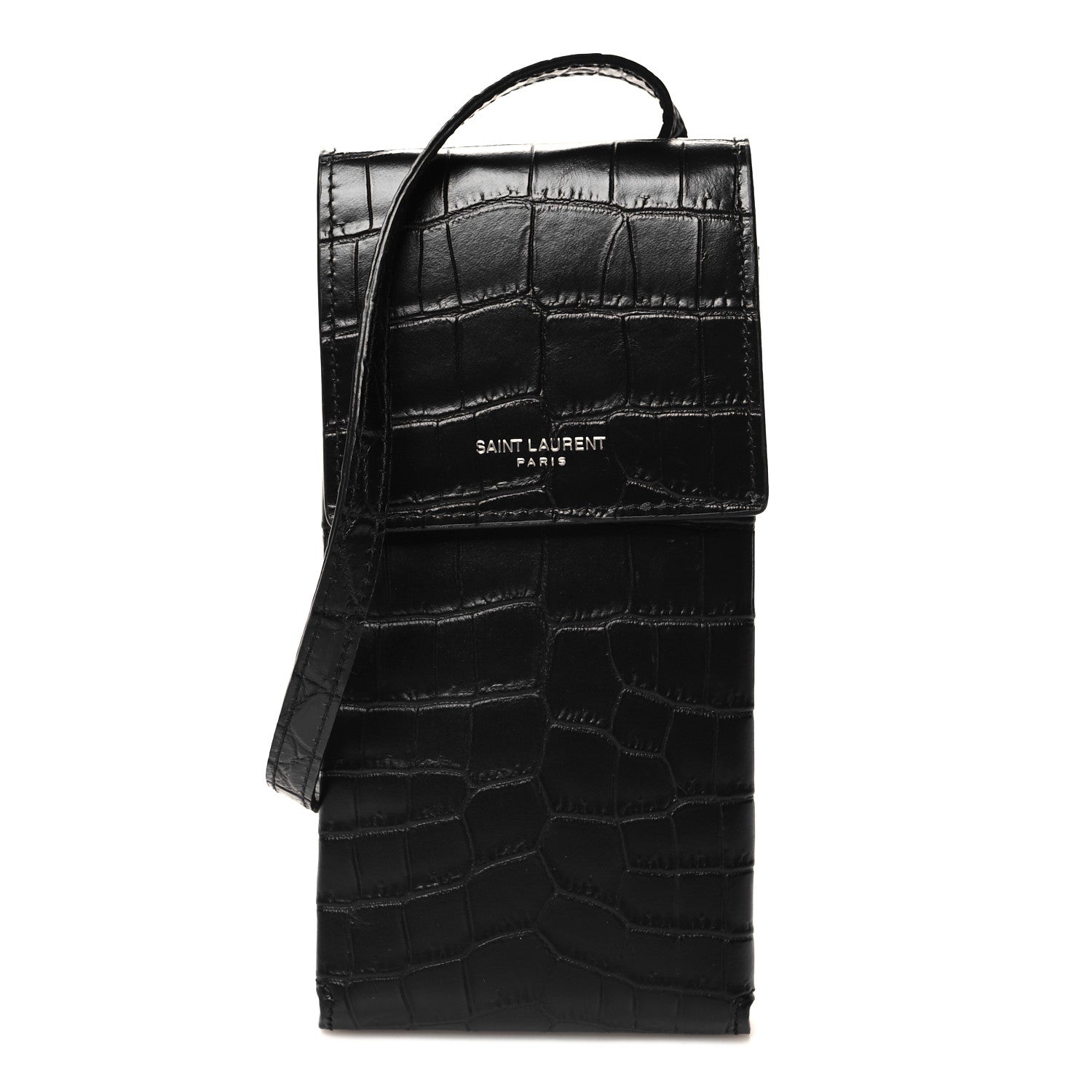 Saint Laurent Calfskin Crocodile Embossed Phone Holder Crossbody Black 1 of 9