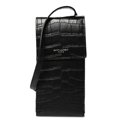 Saint Laurent Calfskin Crocodile Embossed Phone Holder Crossbody Black 1 of 9