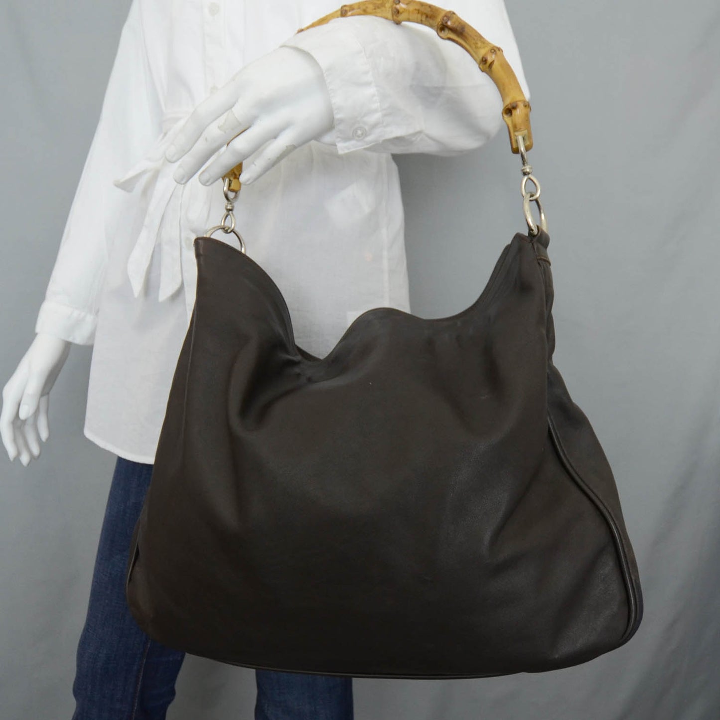 Leather Bamboo Top Handle Tote Brown