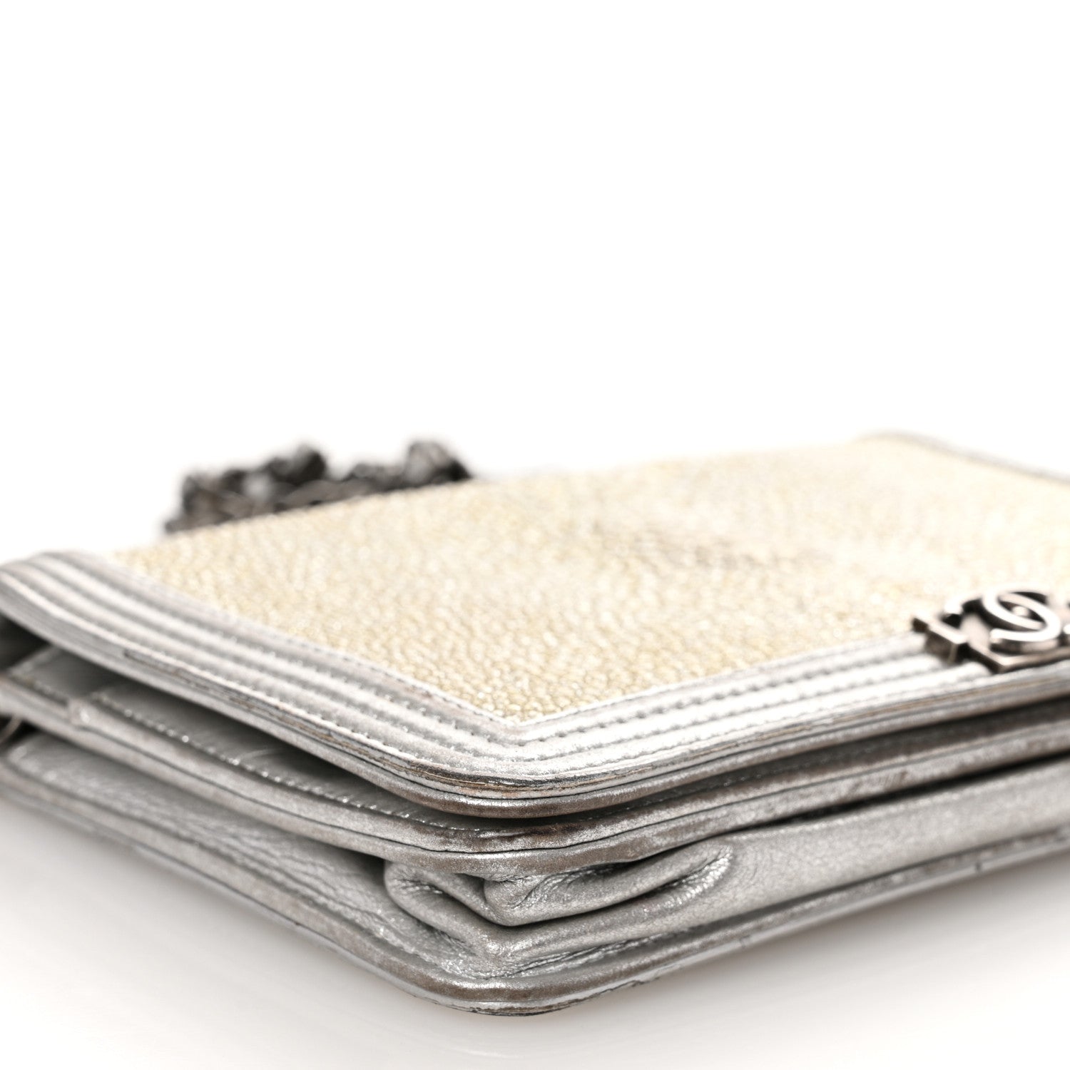 Chanel Metallic Galuchat Stingray Lambskin Boy Wallet On Chain WOC Silver 9 of 12