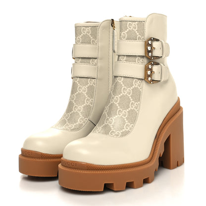 Gucci Kensington Calfskin Nappa GG Supreme Monogram Womens Double Buckle Ankle Boots 36 Mystic White Beige 3 of 9
