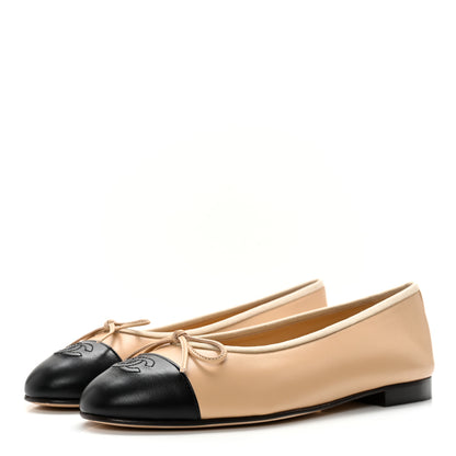 Chanel Lambskin Cap Toe CC Ballerina Flats 40 Beige Black 3 of 9