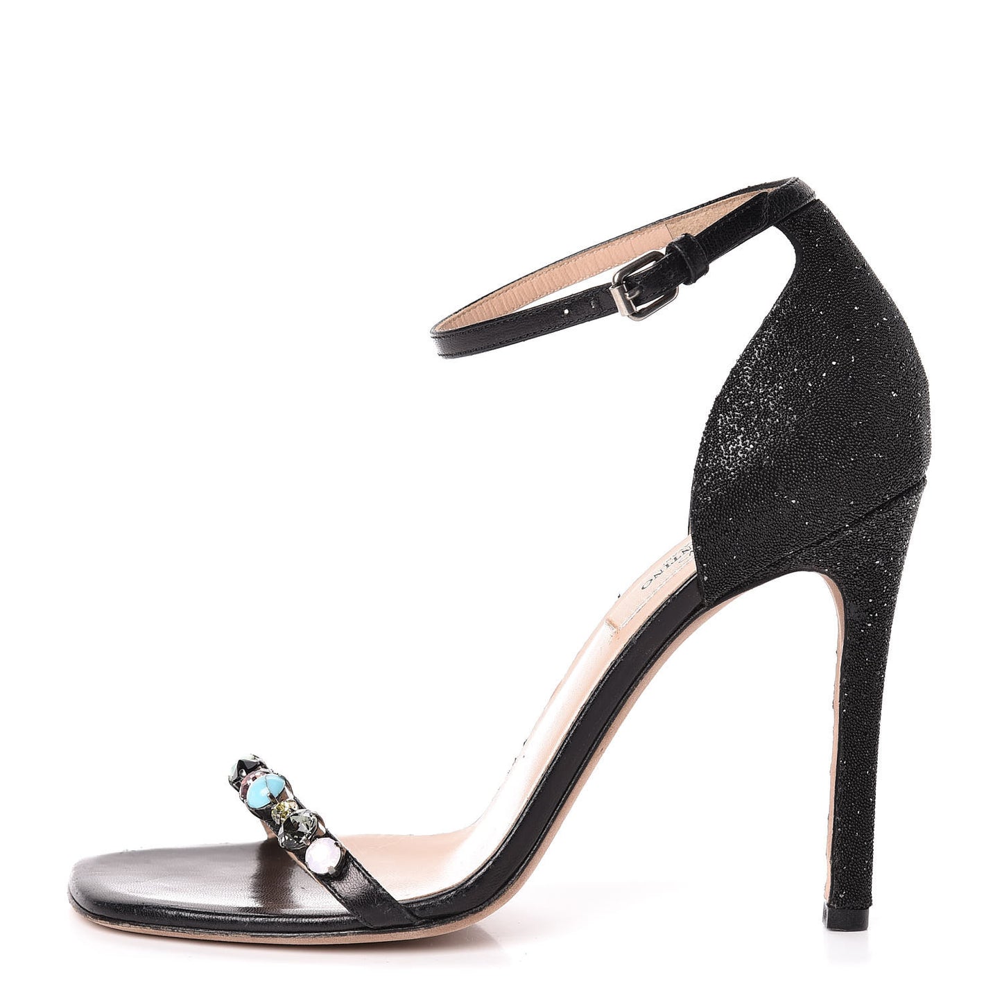 Beaded Jewel Embellished Ankle Strap Sandals 37 Black