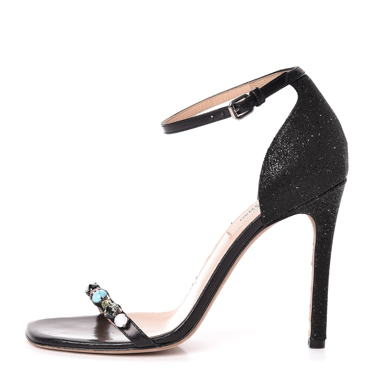 Valentino Garavani Beaded Jewel Embellished Ankle Strap Sandals 37 Black 1 of 21