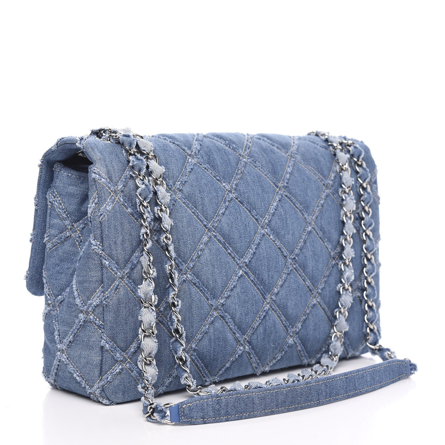 Chanel Frayed Denim Quilted Large Blue Chip Flap Blue 3 of 11