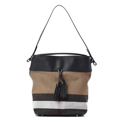 Burberry Grainy Calfskin Canvas Mega Check Medium Ashby Tassel Hobo Black 1 of 9