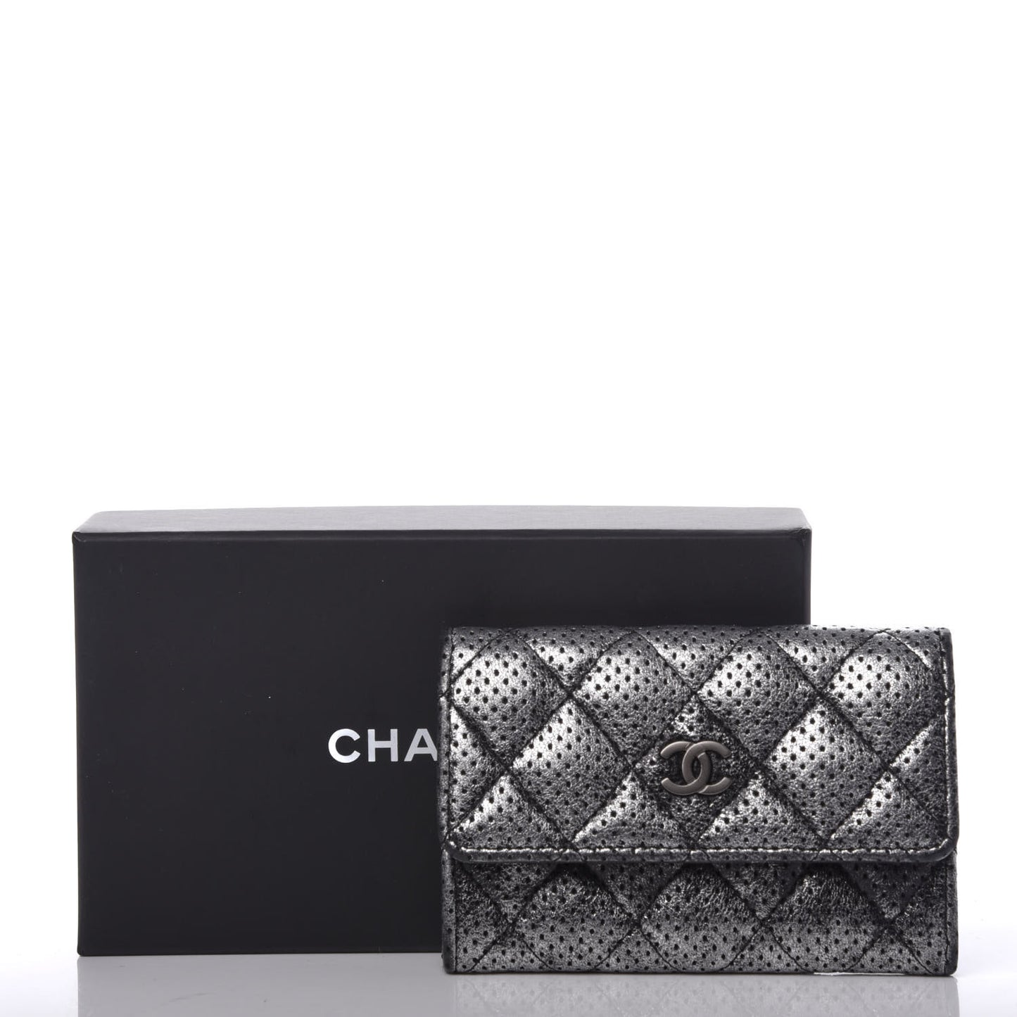 Metallic Calfskin Perforated Quilted Card Holder Grey